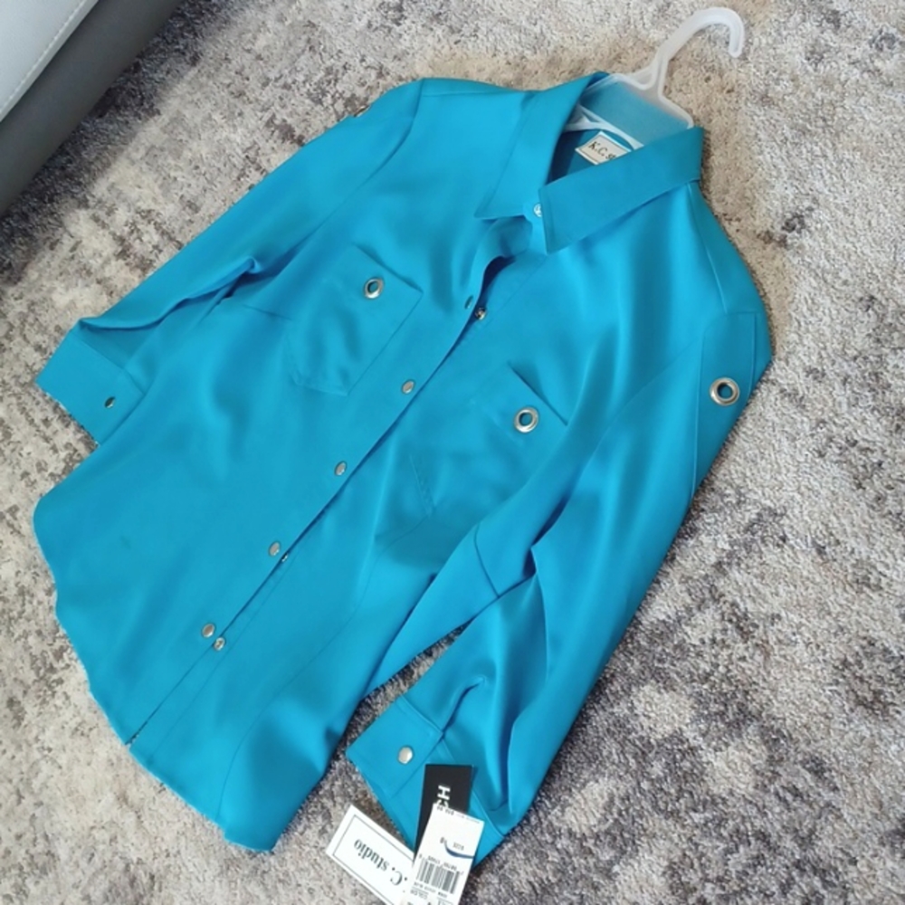 Dress shirt, blouse, size 8, blue, collar, button-down, Stretch, new